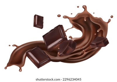 Chocolate liquid and Chocolate bar splashing in the middle isolated on white background, Vector realistic in 3d illustration. Food concepts.