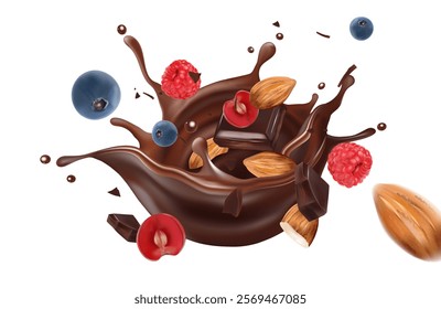 Chocolate liquid and Chocolate bar splashing in the middle isolated on white background, Vector realistic in 3d illustration. Food concepts.