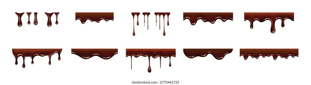 Chocolate liquid drip borders set with smooth flowing drops for sweet design. Delicious dark chocolate syrup dripping isolated, vector Illustration.