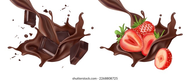 Chocolate liquid, fresh strawberries splashing in the middle isolated on white background, Vector realistic in 3d illustration. Food concepts.