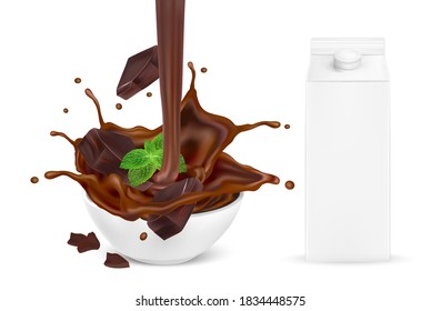 Chocolate liquid on cup splashing in the middle with packaging mock up  isolated on white background. Vector realistic in 3d illustration.