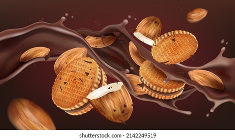 Chocolate liquid and Chocolate sandwich cookie splashing in the middle isolated on solid color background, Vector realistic in 3d illustration. Food and drink concepts.