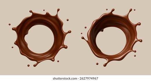 Chocolate líquido salpicos em fundo bege. Redemoinho de cacau realista. Ilustração vetorial