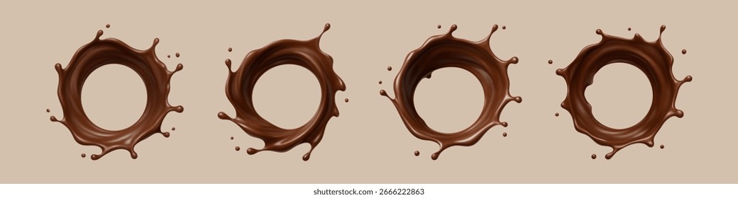 Chocolate líquido salpica sobre fondo beige. Conjunto de remolino de cacao realista. Ilustración vectorial