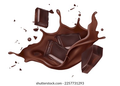 Chocolate liquid splashing with chocolate bar in the middle isolated on white background, Vector realistic in 3d illustration.