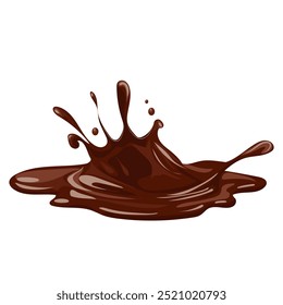Chocolate liquid splashing with drops in flat design. Cocoa splatter with blobs. Vector illustration isolated.