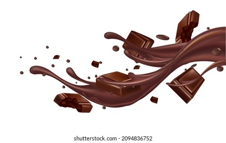 Chocolate liquid splashing flying. Dessert food appetizer isolated on white background. Realistic 3D vector illustration.