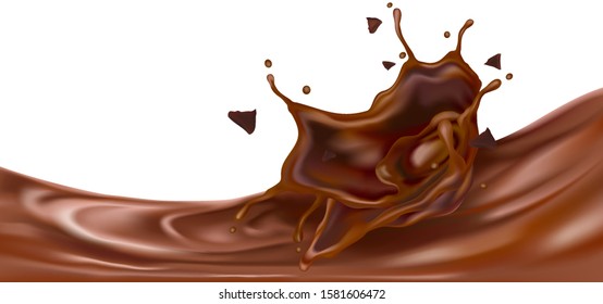 Chocolate liquid splashing in the middle isolated on white background, Vector realistic in 3d illustration. Food concept.