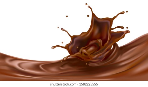 Chocolate and liquid splashing in the middle isolated on white background, Vector realistic in 3d illustration.