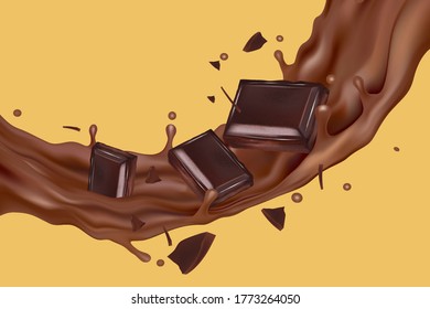 Schokolade und flüssige Splash in der Mitte einzeln auf weißem Hintergrund, Vektor realistisch in 3D-Illustration.