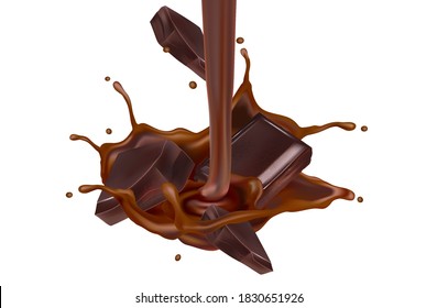 Chocolate liquid splashing in the middle isolated on white background, Vector realistic in 3d illustration.