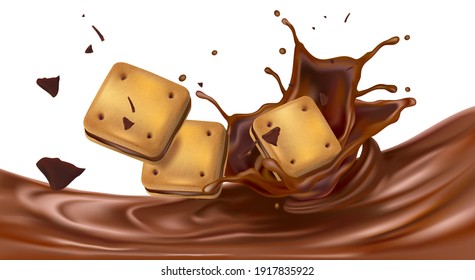 Chocolate and liquid splashing in the middle isolated on white background, Vector realistic in 3d illustration.