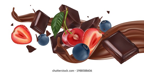 Chocolate liquid splashing in the middle isolated on white background, Vector realistic in 3d illustration.