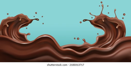 Chocolate liquid splashing in the middle isolated on solid color background, Vector realistic in 3d illustration.