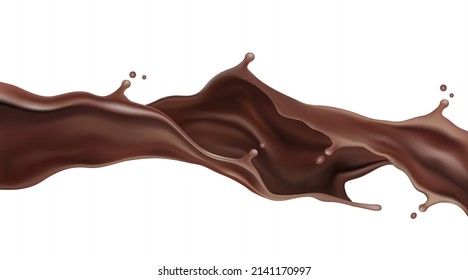 Chocolate liquid splashing in the middle isolated on whiite background, Vector realistic in 3d illustration. Food and drink concept.