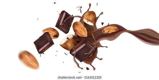 Líquido de chocolate salpicando en el medio aislado sobre fondo blanco. Vector realista en ilustración 3d.