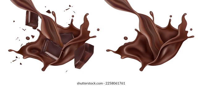 Chocolate liquid splashing in the middle isolated on white background, Vector realistic in 3d illustration. 