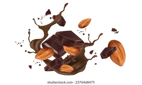 Chocolate and liquid splashing in the middle isolated on white background, Vector realistic in 3d illustration.