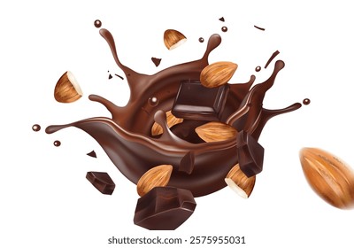 Chocolate liquid splashing in the middle isolated on solid color background, Vector realistic in 3d illustration.