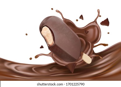 Chocolate liquid splashing with chocolate popsicle in the middle isolated on white background, Vector realistic in 3d illustration.