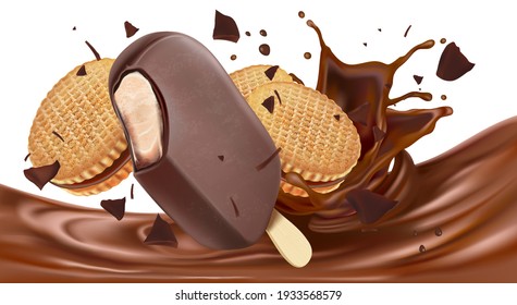 Chocolate liquid splashing with chocolate popsicle in the middle isolated on white background, Vector realistic in 3d illustration.