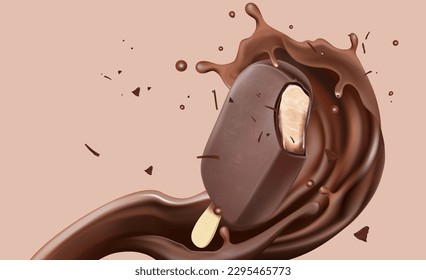 Chocolate liquid splashing with chocolate popsicle in the middle isolated on solid color background, Vector realistic in 3d illustration.