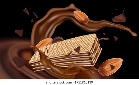 Chocolate liquid splashing with chocolate wafer in the middle isolated on dark color background, Vector realistic in 3d illustration.
