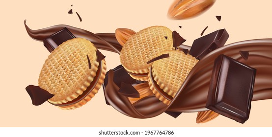 Chocolate liquid splashing with chocolate wafer in the middle isolated on solid color background, Vector realistic in 3d illustration.