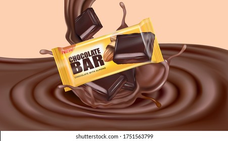 Chocolate liquid swirl with chocolate packaging mock up in the middle isolated on color background, Vector realistic in 3d illustration.