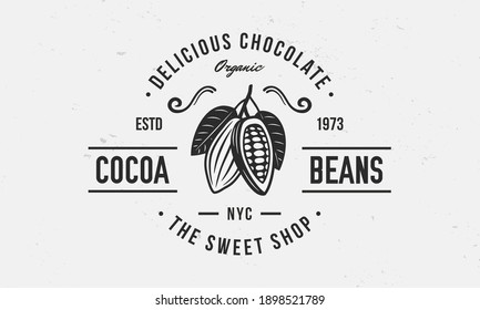 Chocolate logo, poster. Sweet Shop trendy logo with Cocoa Bean and leaves. Cocoa Beans, Cacao Vector emblem template.