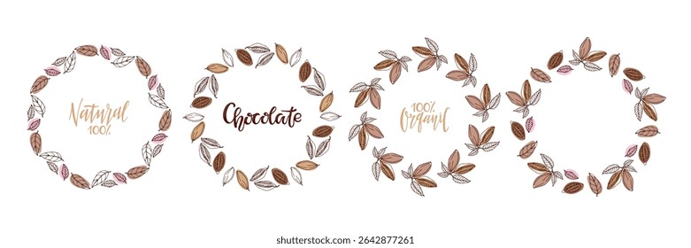 Chocolate logo set. Round Cocoa beans frames. Doodle Outline vector illustration. Organic product sketch. Sweets, cooking ingredient. Chocolate cocoa beans Round frame template sketch illustration