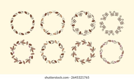 Chocolate logo set. Round Cocoa beans frames. Doodle Outline vector illustration. Organic product sketch. Sweets, cooking ingredient. Chocolate cocoa beans Round frame template sketch illustration