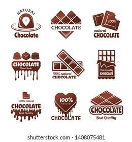 Chocolate Logo. Sweets Stylized Badges Chef And Kitchen Cooking Desserts Concept Vector Illustrations. Chocolate Sweet And Dessert, Label And Badge For Menu Of Pastry