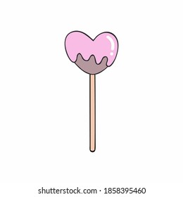 Chocolate Lollipop in the shape of a heart with pink frosting. Vector image of sweet candies on a white background.