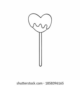 Chocolate Lollipop in the shape of a heart with pink frosting. Vector coloring book for a child. Sweets hand-drawn in the style of Doodle.