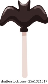 Chocolate lollipop shaped like a bat with spread wings, sitting on a wooden stick, creating a delightful treat for celebrating Halloween with a touch of sweetness and fun