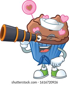 Chocolate love cupcake cartoon happy Sailor style with binocular
