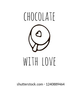Chocolate with love logo with cup of coffee in hand drawn style. Vector illustration