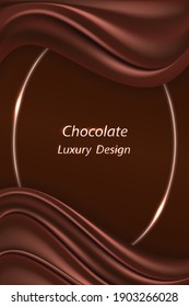 Chocolate Luxury Background For Banner Or Poster Design. Chocolate  Wavy Silk Swirl Curtain With Smooth Realistic Satin Texture And Glowing Metal Frame Border. Vector Illustration