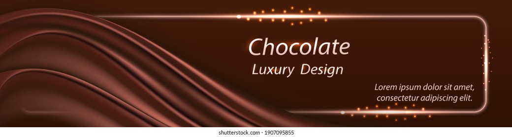 Chocolate luxury background for banner or poster design. Chocolate  wavy silk swirl curtain with smooth realistic satin texture and glowing metal frame border. Vector illustration