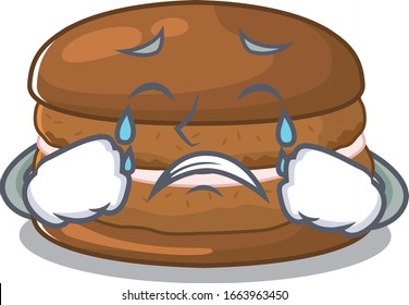 Chocolate macaron cartoon character concept with a sad face