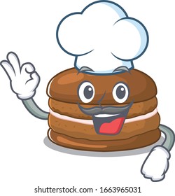 Chocolate macaron cartoon character working as a chef and wearing white hat
