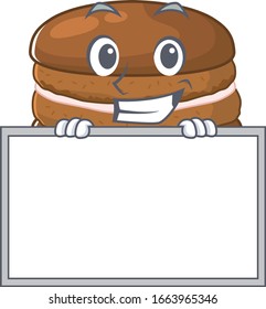 Chocolate macaron cartoon design concept grinning with board