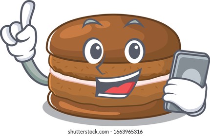 Chocolate macaron Cartoon design style speaking on a phone