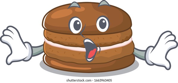 Chocolate macaron mascot design concept with a surprised gesture