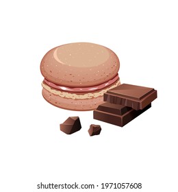 Chocolate macaroni cake with a slice of chocolate on a white background.