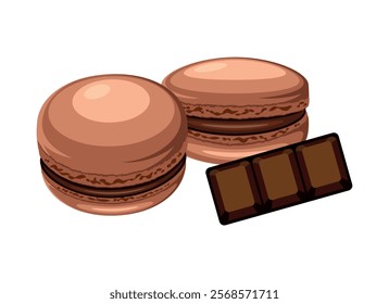 Chocolate macarons and chocolate bar icon set vector illustration. Brown french macaroons icon vector isolated on a white background. Two brown macaron drawing