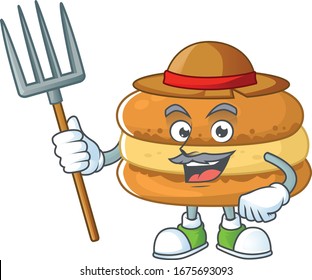 Chocolate macarons in Farmer mascot design with hat and pitchfork