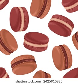 Chocolate macaroon cookies seamless pattern. Vector cartoon illustration of French dessert. Sweet food background.