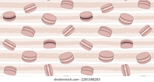 Chocolate macaroons on a beige striped background with polka dots. Endless texture with French sweet pastries. Vector seamless pattern for bakery, pastry shop, confectionery, wrapping paper, packaging
